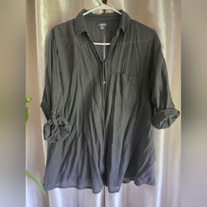 aerie Black Semi-Sheer Button-Front Blouse